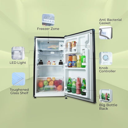 Haier 100 L 2 Star Direct Cool Single Door Mini Bar Refrigerator with Chiller Freezer Box, LED Light for Clear View, Lock & Key and Easy Clean Back (HRD-1252KSA, Black Steel, 2026 Model)