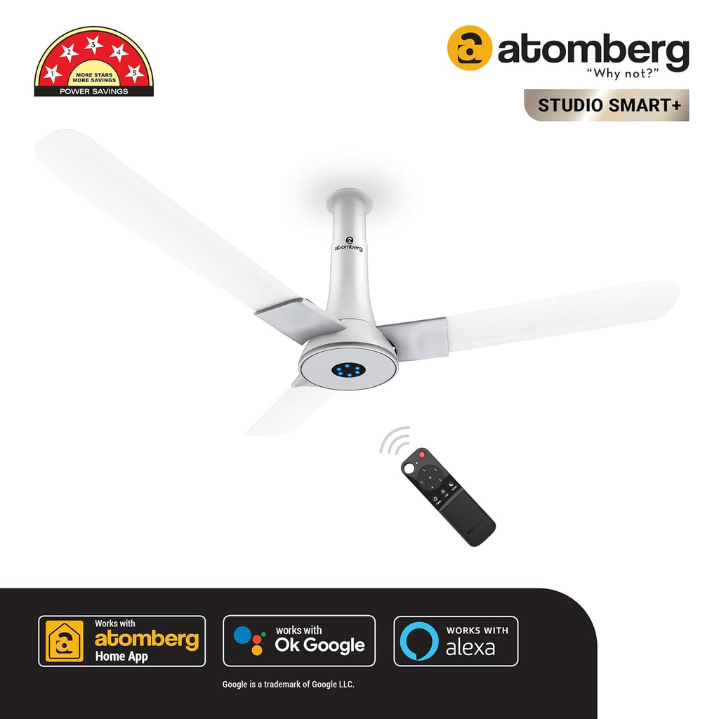 Atomberg Studio Smart+ 1200mm BLDC Ceiling Fan with IoT & Remote | BEE 5 star Rated Energy Efficient Ceiling Fan | High Air Delivery with LED Indicators | 2+1 Year Warranty (Marble White)