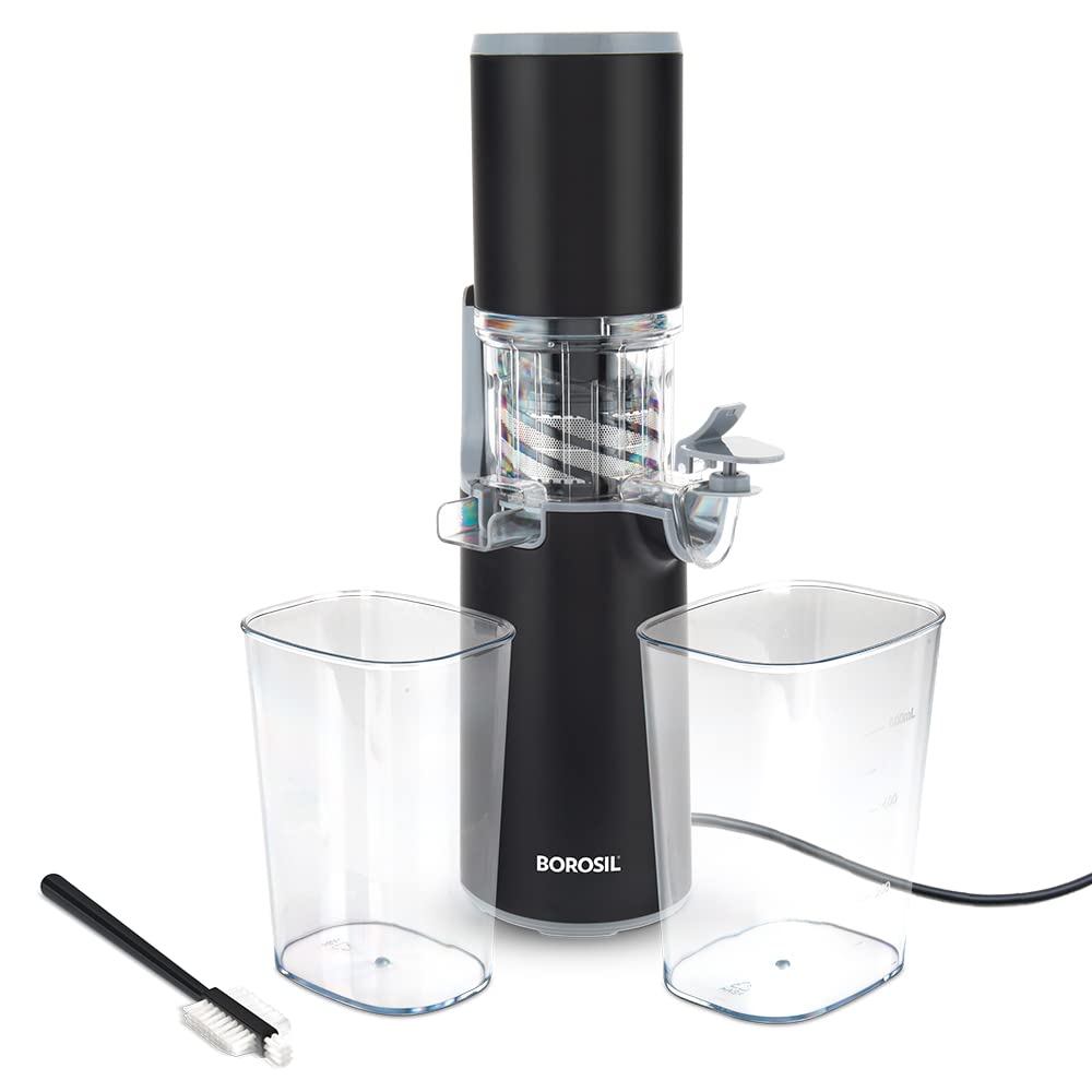 Borosil 130W Easy Cold Press Slow Juicer | Compact Design Portable Less Oxidation, Anti Drip Outlet Lid | Fruit & Vegetable Juicer | 1 Year Warranty | Black