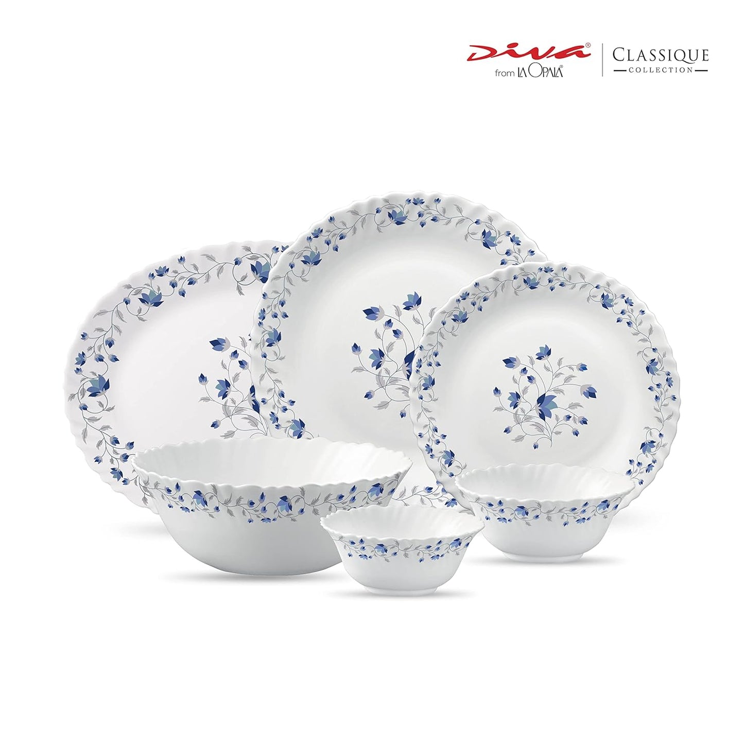 La Opala Diva, Classique Collection, Opal Glass Dinner Set 27 pcs, Blue Mystique, White