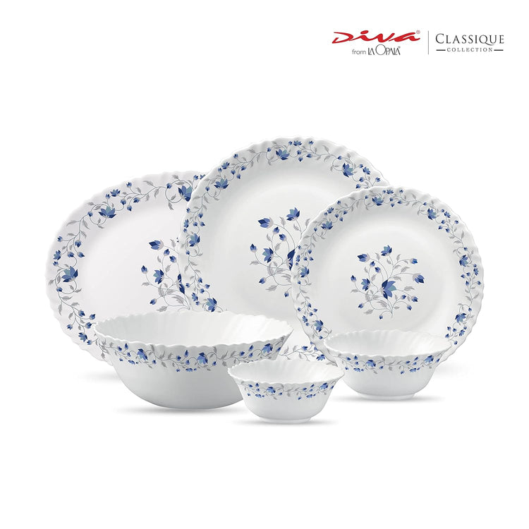 La Opala Diva, Classique Collection, Opal Glass Dinner Set 27 pcs, Blue Mystique, White