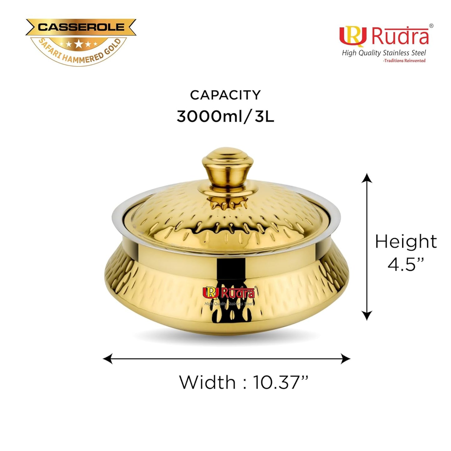RUDRA Safari Hammered Gold Double Walled Stainless Steel Casserole, | PU Insulated | Hot & Cold | Hygiene | Odourless|Easy to Carry| (3 Litres)