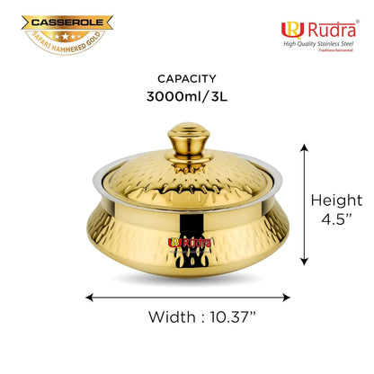 RUDRA Safari Hammered Gold Double Walled Stainless Steel Casserole, | PU Insulated | Hot & Cold | Hygiene | Odourless|Easy to Carry| (3 Litres)