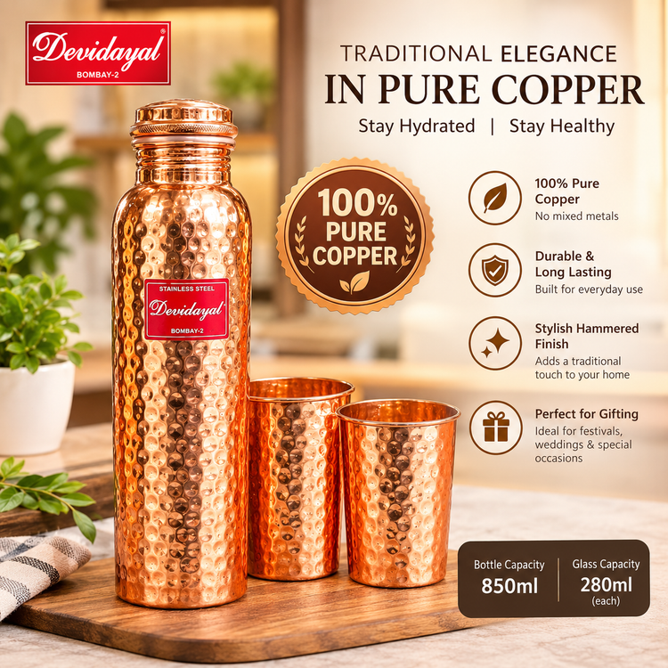 Devidayal Hammered Copper Bottle Set 850ml with 2 Copper Glasses 280ml Each | Traditional Textured Copper Water Bottle Gift Set