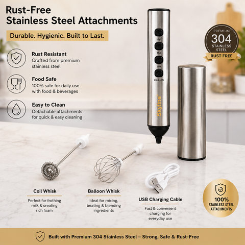 Skyline Wireless Milk Frother with 1200mAh Rechargeable Battery, 3-Speed Control, Stainless Steel Whisk & Cover, Dual Whisk Attachments, USB Type-C Charging, One-Touch Operation