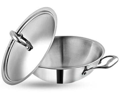 Vinod Platinum Triply Stainless Steel Kadai with Stainless Steel Lid 3.2 litres Capacity (26 cm Diameter) | 3.2 L Triply Stainless Steel Kadai - Silver (Induction and Gas Stove Friendly)