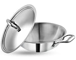 Vinod Platinum Triply Stainless Steel Kadai with Stainless Steel Lid 3.2 litres Capacity (26 cm Diameter) | 3.2 L Triply Stainless Steel Kadai - Silver (Induction and Gas Stove Friendly)
