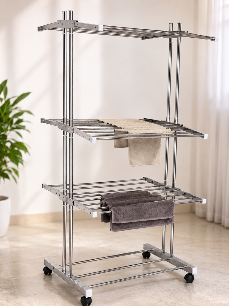 3 Tier Stainless Steel Foldable Clothes Drying Stand with Wheels | Heavy Duty Laundry Drying Rack | Multi-Layer Garment Dryer for Indoor & Outdoor Use | Rust Resistant Cloth Stand