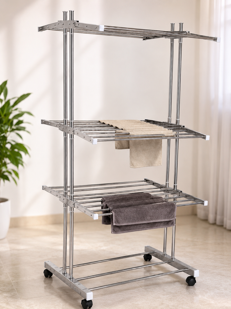 3 Tier Stainless Steel Foldable Clothes Drying Stand with Wheels | Heavy Duty Laundry Drying Rack | Multi-Layer Garment Dryer for Indoor & Outdoor Use | Rust Resistant Cloth Stand