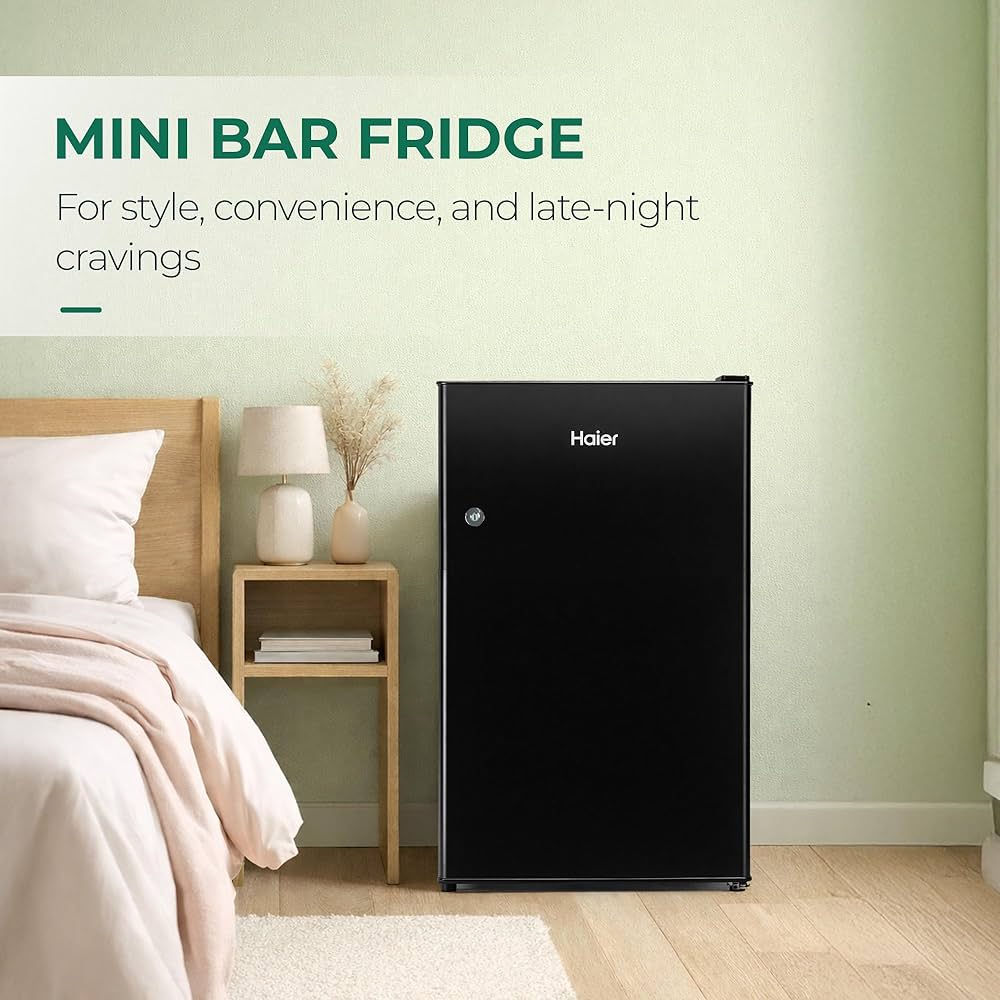 Haier 100 L 2 Star Direct Cool Single Door Mini Bar Refrigerator with Chiller Freezer Box, LED Light for Clear View, Lock & Key and Easy Clean Back (HRD-1252KSA, Black Steel, 2026 Model)