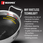 BERGNER Hi-Tech Giro Triply Kadai with Glass Lid 32cm (5.8L), Honeycomb Mesh Non-Stick Coating, PFOA Free, Consumes Less Oil, Healthy Cooking, Even Heat Distribution - Induction and Gas Stove Ready