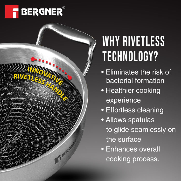 BERGNER Hi-Tech Giro Triply Kadai with Glass Lid 32cm (5.8L), Honeycomb Mesh Non-Stick Coating, PFOA Free, Consumes Less Oil, Healthy Cooking, Even Heat Distribution - Induction and Gas Stove Ready