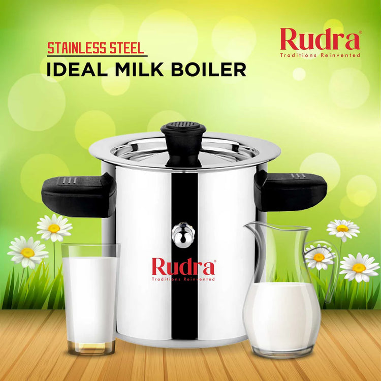 Rudra Stainless Steel Milk Boiler 2 Litre | Premium Induction & Gas Compatible Milk Heating Pot with Whistle Alert | Heavy Gauge Stainless Steel Milk Boiler for Home Kitchen
