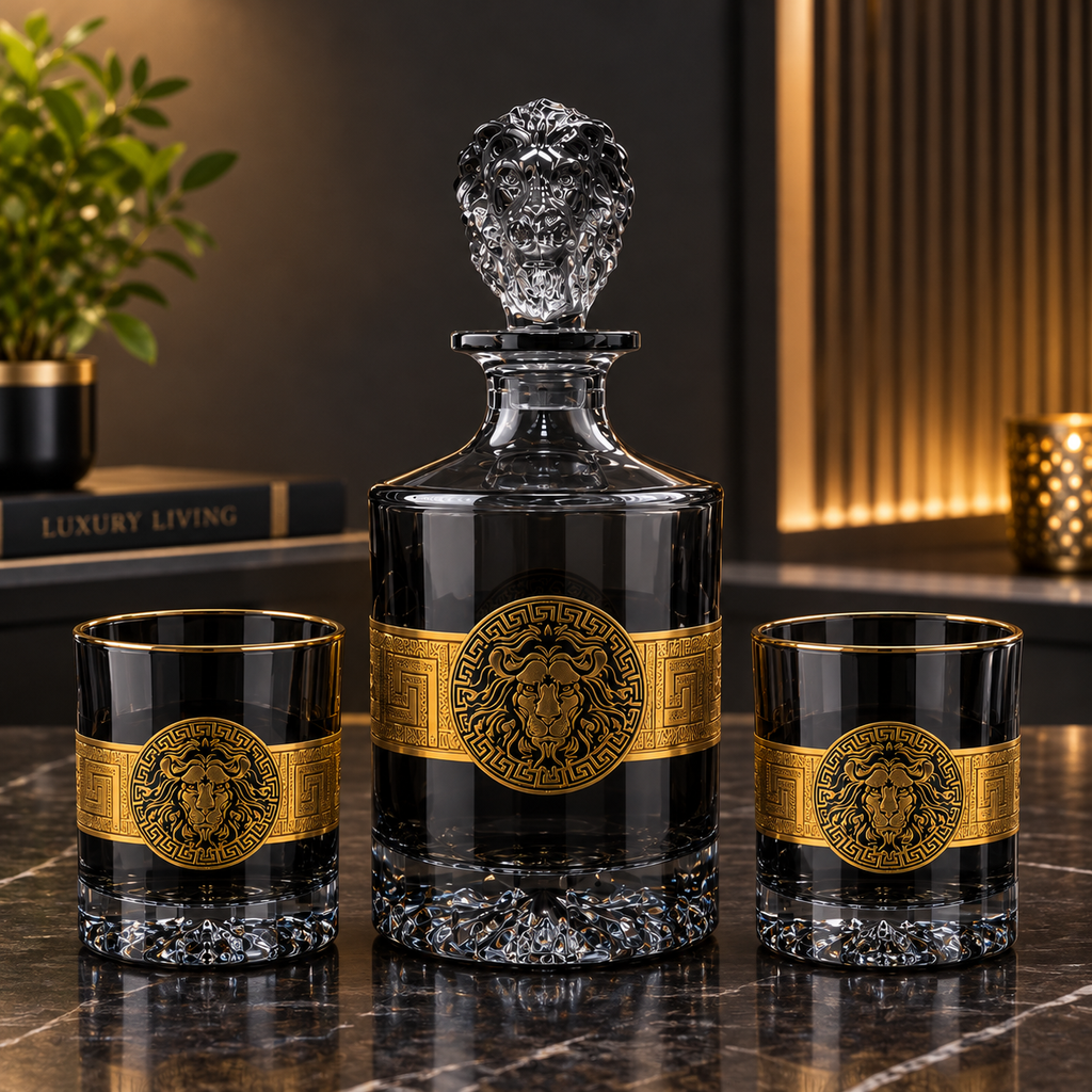 Luxury Black Tinted Lion Decanter with 6 Matching Whiskey Glasses | Premium 7-Piece Bar Set for Home & Gifting
