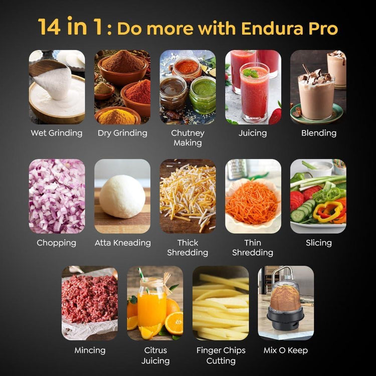 Prestige Endura Pro 1000 Watt Multi Functional Mixer Grinder | Heavy-Duty Ball Bearing Copper Motor | 6 Jars with Food Processing Attachments | 14 Functions in One | 5Y Motor Warranty