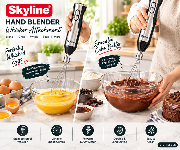 Skyline 500W Hand Blender with Chopper & Whisker | 3-in-1 Immersion Blender, Vegetable Chopper & Egg Whisk | Stainless Steel Blades | 1 Year Warranty