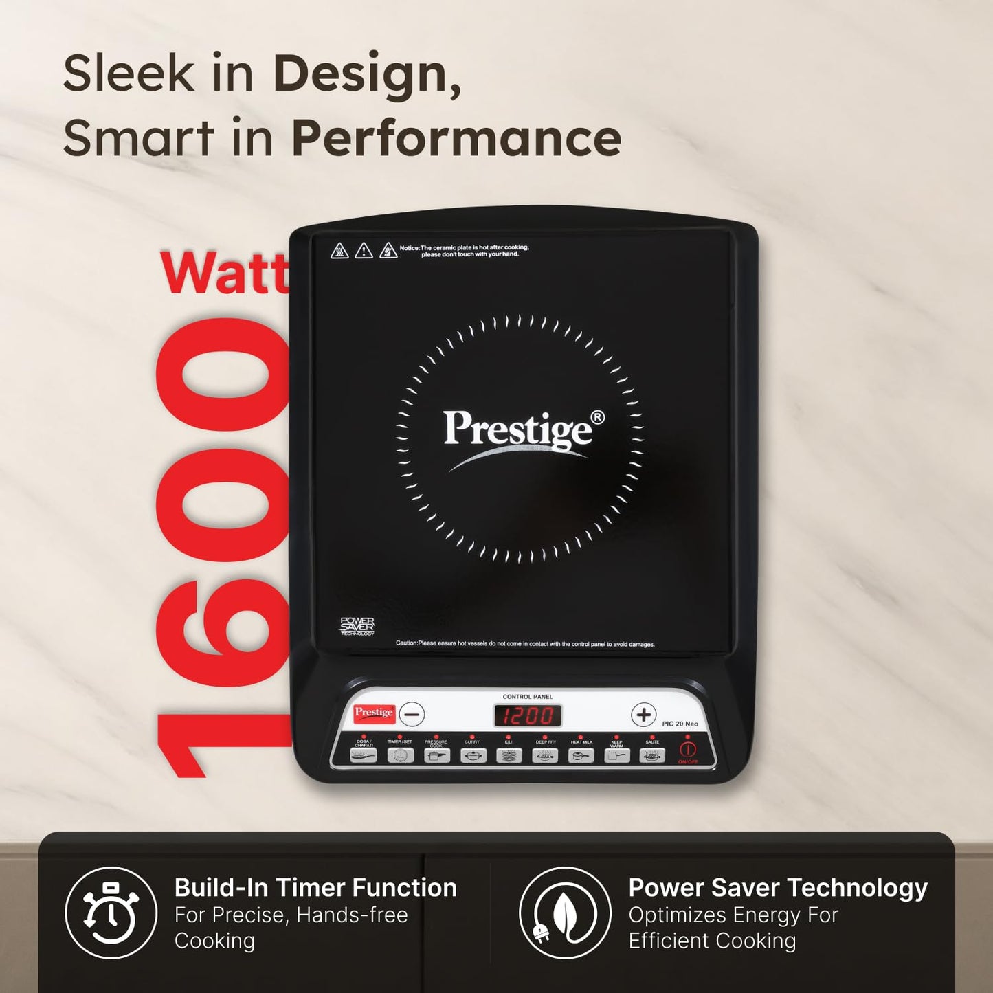 Prestige Pic 20 Neo Induction Cooktop 1600W|Indian Menu Options| Automatic Voltage Regulator| Timer With User Pre-Set, Manual, Black