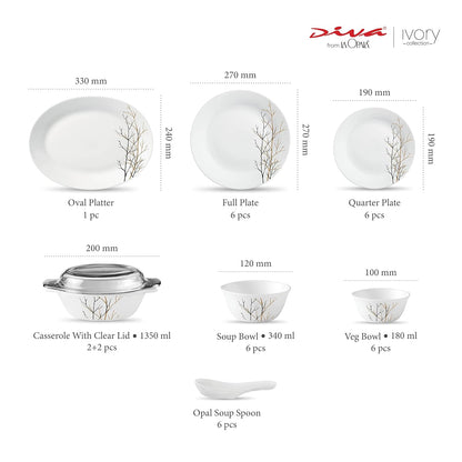 La Opala Diva, Ivory Collection, Opal Glass Dinner Set 35 pcs, Golden Fall, White