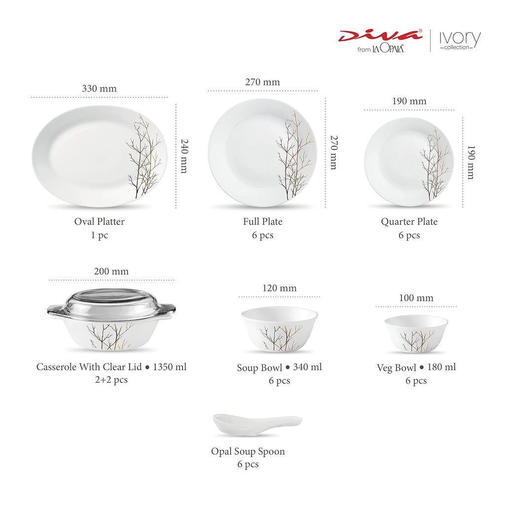 La Opala Diva, Ivory Collection, Opal Glass Dinner Set 35 pcs, Golden Fall, White