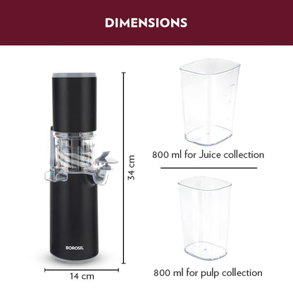 Borosil 130W Easy Cold Press Slow Juicer | Compact Design Portable Less Oxidation, Anti Drip Outlet Lid | Fruit & Vegetable Juicer | 1 Year Warranty | Black