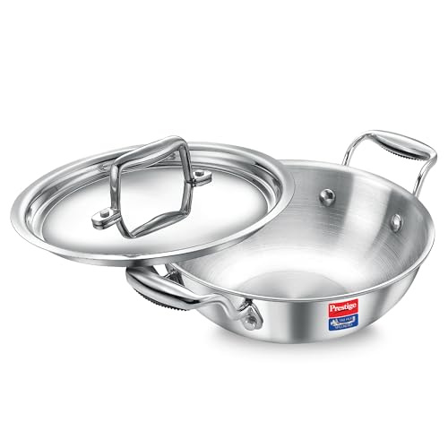 Prestige 28cm/4.0L Tri-Ply Stainless Steel Splendid Kadai with Lid|Gas and Induction Compatible|Even Heat Distribution| Thick Gauge Tri-Ply Body| Perma Cool Handles|15 Year Warranty