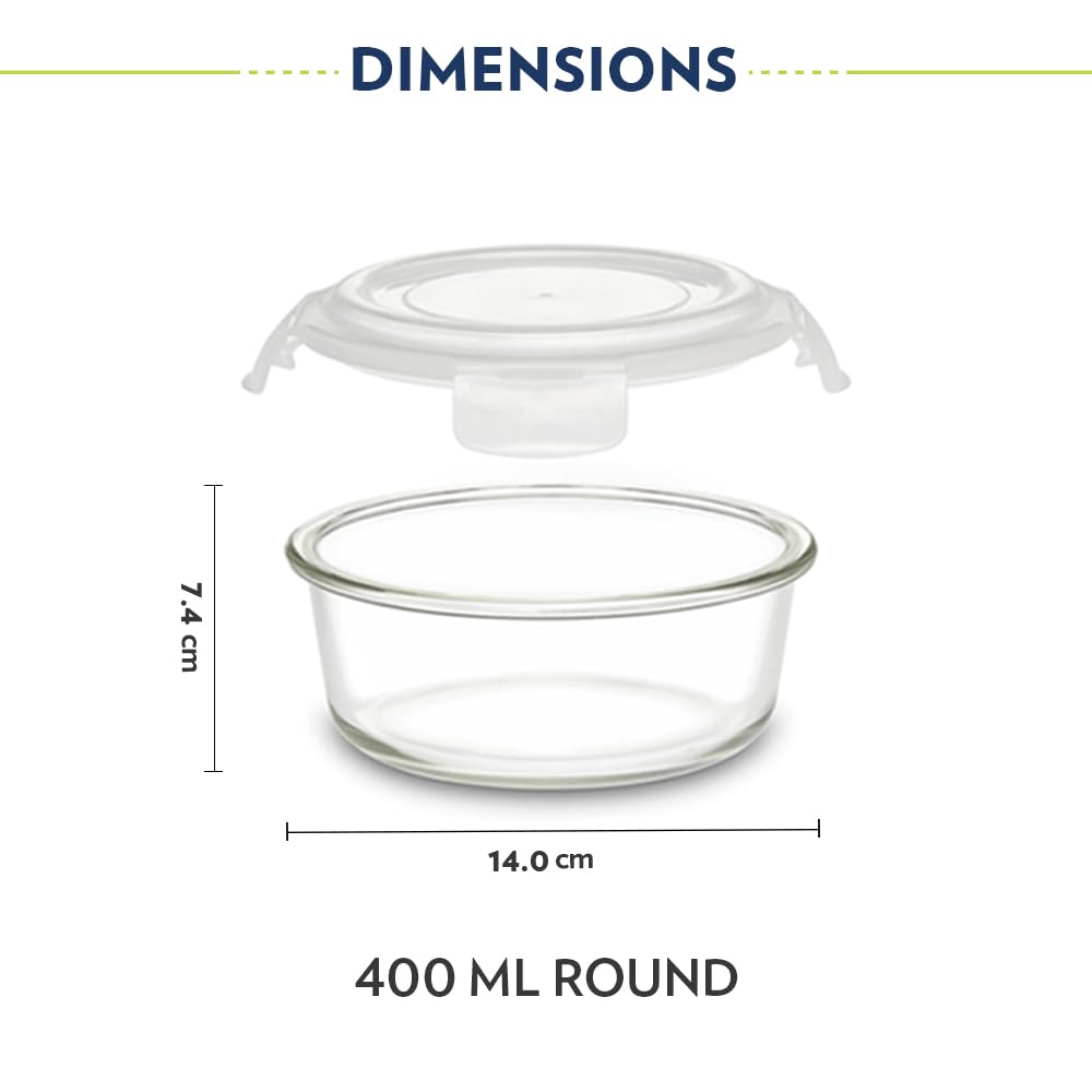 Borosil Eateasy Borosilicate Glass Lunchbox with Bag | 2 pc Round Container Set (400 ml Each) | Microwave & Dishwasher Safe, Leakproof | Tiffin for Office, School, College | Transparent, Horizontal
