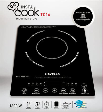 Havells Insta Cook TC 16 Energy Efficent Induction (Electric Stove) | 1600 W | 3 Year Coil Warranty & 1 Year Product Warranty | with 7 Cooking Options| Auto Pan Detection Sensor (Black)