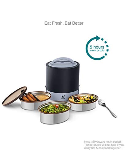 VAYA TYFFYN Lunch Box for Office for Men, with Polished Stainless Steel Containers,1000ml Vacuum Insulated Hot Lunch Box Without BagMat, Leakproof Hot Tiffin Box with 3 Compartments, Black