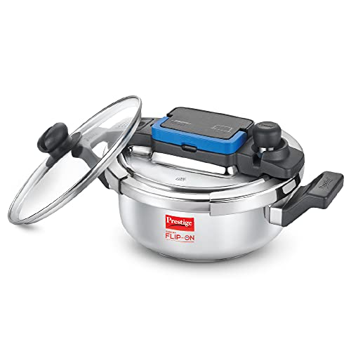 Prestige 3L Svachh FLIP-ON Stainless Steel Pressure Cooker with glass lid|Innovative lock lid with spillage control|Gas &amp; Induction compatible|5 years warranty|Silver