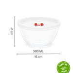 Borosil 500ml (2pc) Serving & Mixing Bowl with Lid Set | Made in India Borosilicate Glass Bowl for Kitchen & Dinning | Bowl for Mixing Dough, Salad, Batter | Microwave & Dishwasher Safe | Transparent
