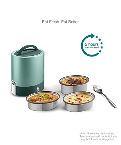 VAYA TYFFYN Lunch Box for Office for Men, with Polished Stainless Steel Containers,1000ml Vacuum Insulated Hot Lunch Box Without BagMat, Leakproof Hot Tiffin Box with 3 Compartments, Green