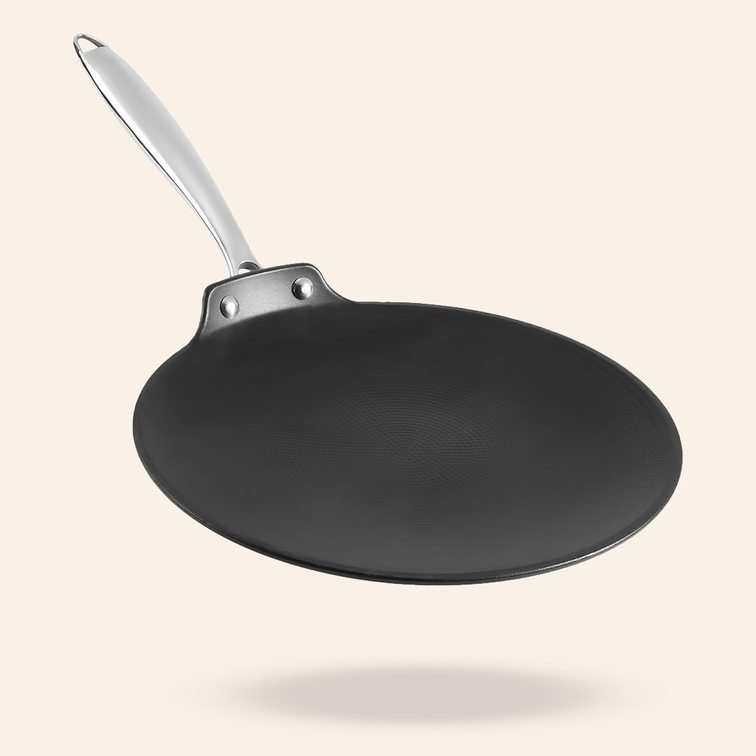 Vinod Ferona Lightweight Cast Iron Roti Tawa - 26 cm | No Seasoning Required | Naturally Stick-Free | Steel Riveted Handle | Metal Spoon Safe | Gas Stove Compatible | No PTFE & PFOA | 2-Year Warranty
