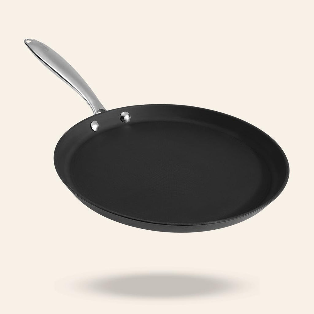 Vinod Ferona Lightweight Cast Iron Dosa Tawa - 27 cm | No Seasoning Required | Naturally Stick-Free | Steel Riveted Handle | Metal Spoon Safe | Gas, Induction Base | PTFE & PFOA Free | 2-Year Warranty