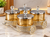 Luxury Gold-Tinted Glass Condiment Jar Set with Stainless Steel Lids & Crystal Knobs in Ornate Decorative Trolley Stand – 4 Pieces