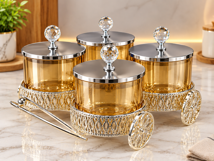 Luxury Gold-Tinted Glass Condiment Jar Set with Stainless Steel Lids & Crystal Knobs in Ornate Decorative Trolley Stand – 4 Pieces
