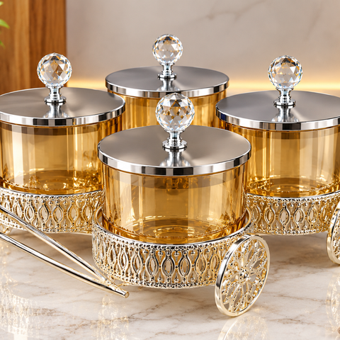 Luxury Gold-Tinted Glass Condiment Jar Set with Stainless Steel Lids & Crystal Knobs in Ornate Decorative Trolley Stand – 4 Pieces