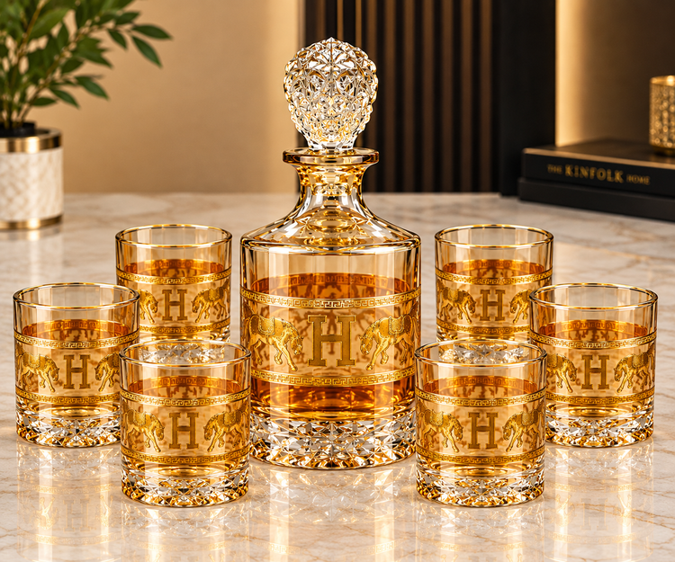 Luxury Gold Horse Design Crystal Decanter & 6-Piece Whiskey Glass Bar Set | Premium Drinkware Gift Set