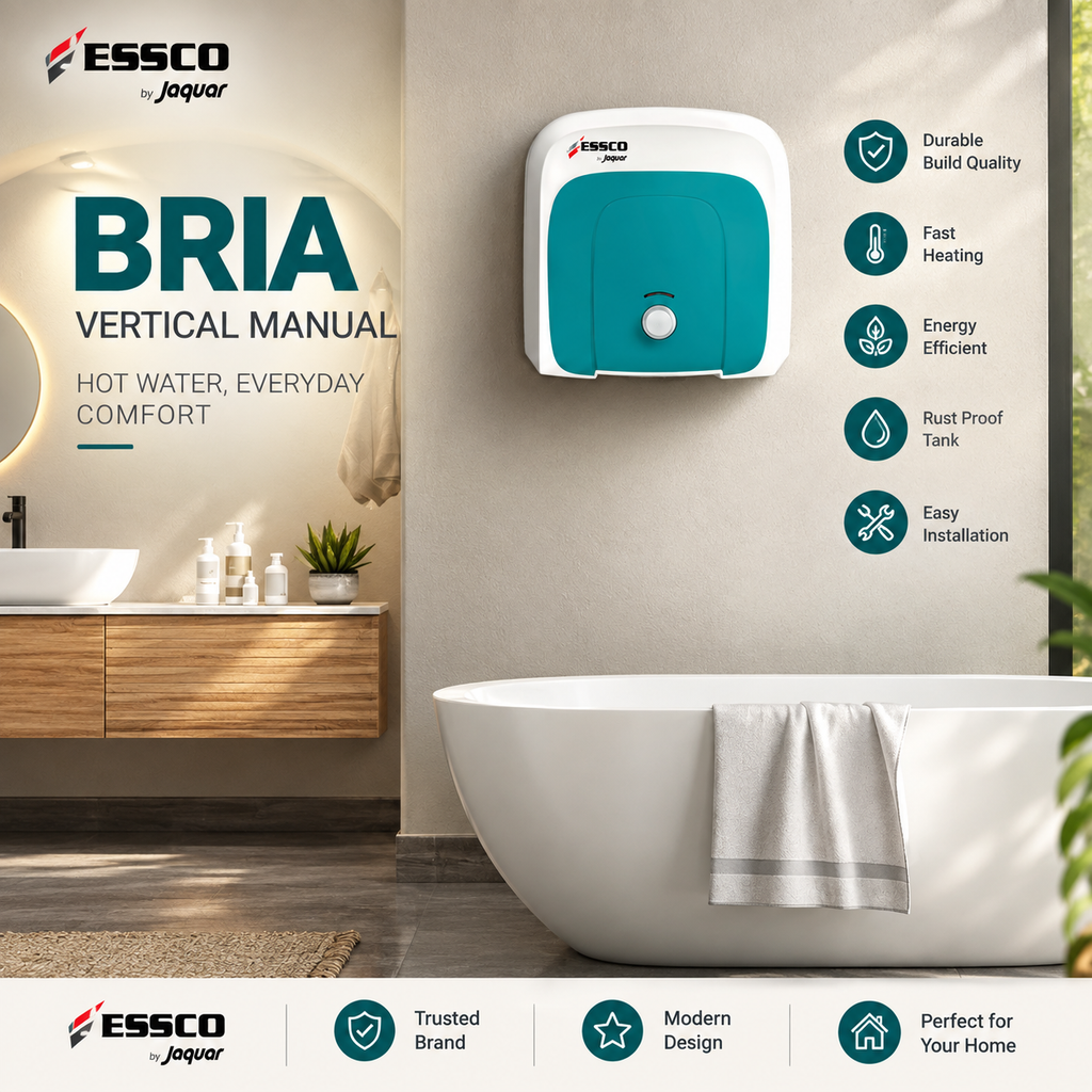 Essco Bria 25 Litre Vertical Storage Water Heater | 2 KW | 8 Bar Pressure | 5 Star Rating | Glass Lined Tank | Incoloy Heating Element | 7 Year Tank Warranty