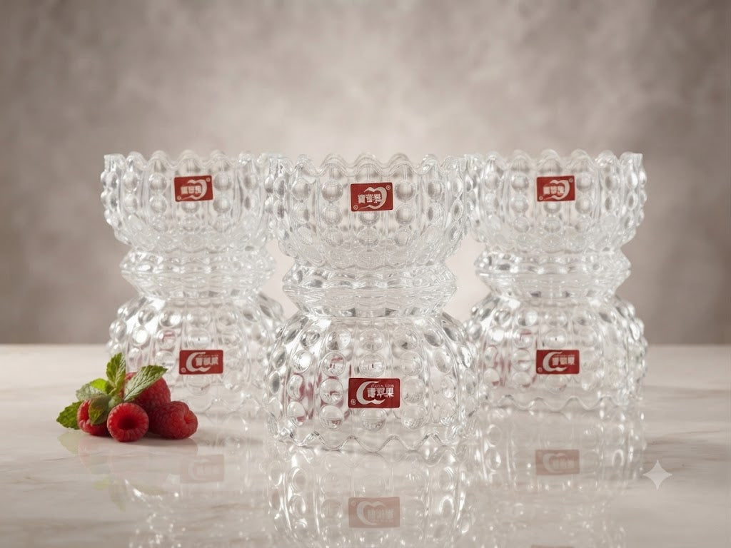 Crystal Glass Bowl Set of 6 | Decorative Hobnail Scalloped Serving Bowls for Dessert, Ice Cream, Snacks, & Mithai | Tableware & Home Dining Decor (Clear)