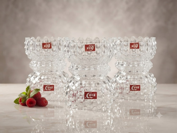 Crystal Glass Bowl Set of 6 | Decorative Hobnail Scalloped Serving Bowls for Dessert, Ice Cream, Snacks, & Mithai | Tableware & Home Dining Decor (Clear)