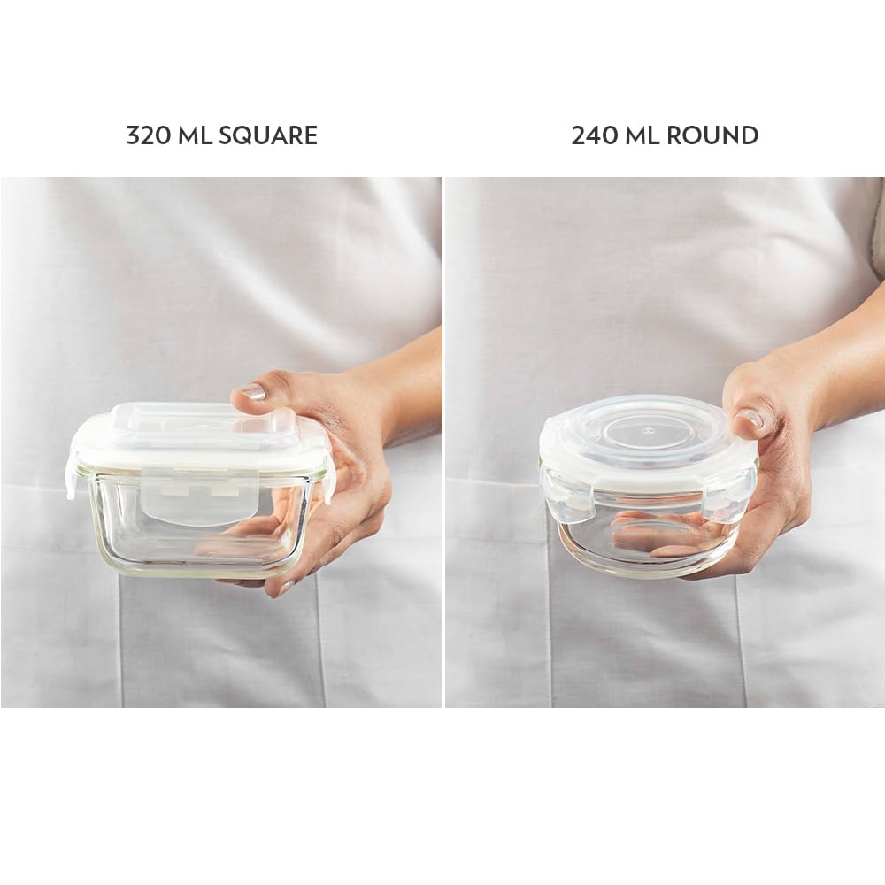 Borosil Universal Lunchbox | Set of 4 (320ml x 2 Square + 240ml x 2 Round), Borosilicate Glass | Microwave & Dishwasher Safe, Leakproof | Tiffin for Office/School/College | Transparent (Alfa Green)
