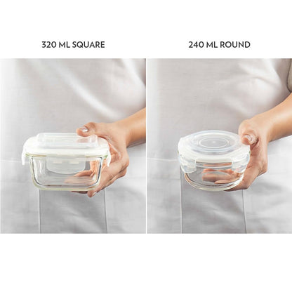 Borosil Universal Lunchbox | Set of 4 (320ml x 2 Square + 240ml x 2 Round), Borosilicate Glass | Microwave & Dishwasher Safe, Leakproof | Tiffin for Office/School/College | Transparent (Alfa Green)
