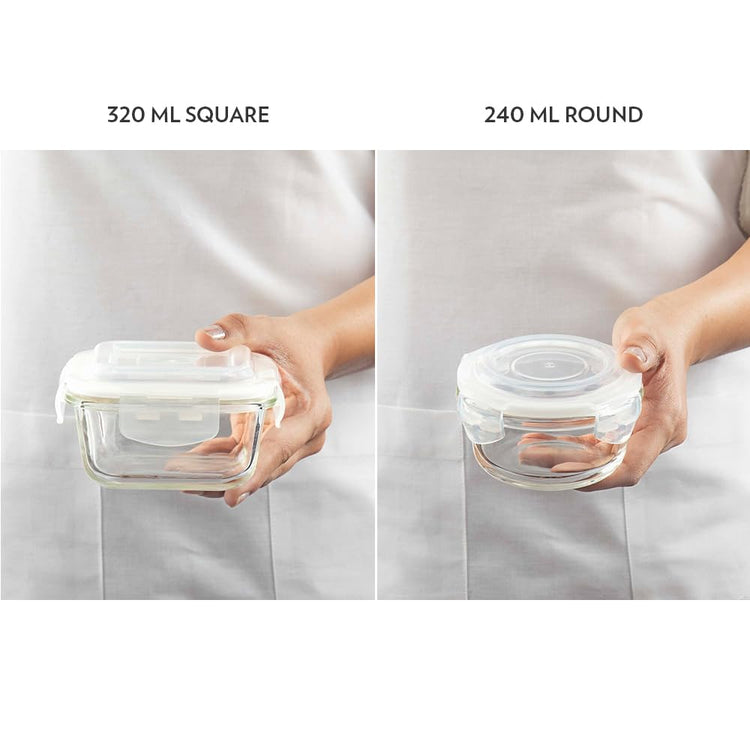 Borosil Universal Lunchbox | Set of 4 (320ml x 2 Square + 240ml x 2 Round), Borosilicate Glass | Microwave & Dishwasher Safe, Leakproof | Tiffin for Office/School/College | Transparent (Alfa Green)