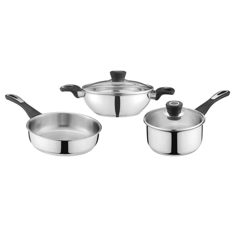 Vinod Veneto Stainless Steel Cookware Set of 3 | 1.7 Ltr Kadai, 1.5 Ltr Saucepan, 1.7 Ltr Frypan with Glass Lid | Ergonomic Hanldes | Induction Base | 2 Year Warranty - Silver