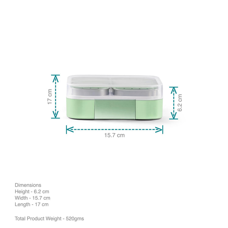 VAYA TYDBYT Stainless Steel Tiffin Box for Men, Kids Girls,1 Large & 2 Small Compartments, Bento Lunch Box, Smart Portions for Balanced Meals, Winter Mint
