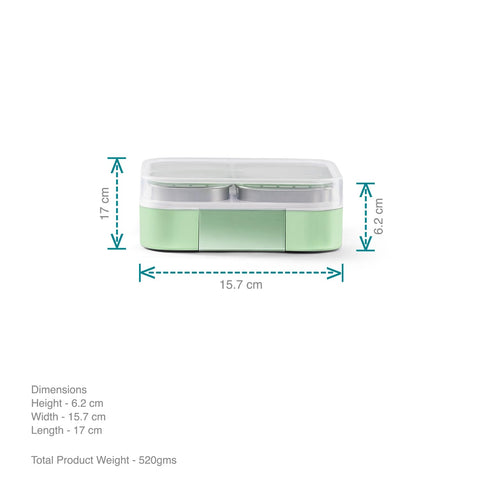 VAYA TYDBYT Stainless Steel Tiffin Box for Men, Kids Girls,1 Large & 2 Small Compartments, Bento Lunch Box, Smart Portions for Balanced Meals, Winter Mint