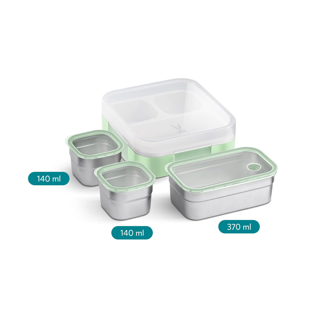 VAYA TYDBYT Stainless Steel Tiffin Box for Men, Kids Girls,1 Large & 2 Small Compartments, Bento Lunch Box, Smart Portions for Balanced Meals, Winter Mint