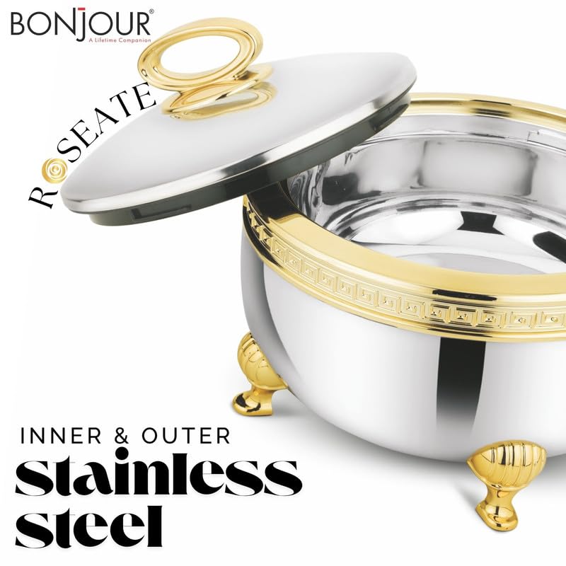 Roseate 2000, 2500, 3500 Steel Gold Premium Casserole Set | Stainless Steel with PUF Insulation & Gold Finish |Hot Food Storage for Dining & Serving
