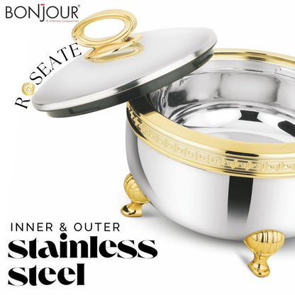 Roseate 2000, 2500, 3500 Steel Gold Premium Casserole Set | Stainless Steel with PUF Insulation & Gold Finish |Hot Food Storage for Dining & Serving