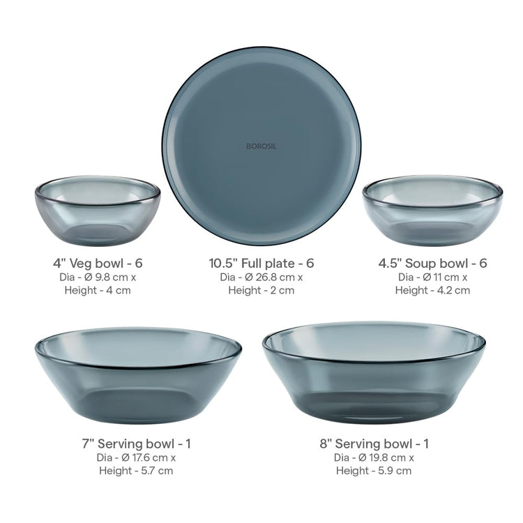 Borosil 27pc Aura India’s First Coloured Handcrafted Dinner Set | Made in India Borosilicate Glass Tableware | Microwave, Dishwasher & Oven Safe | Crockery for Gifting & Dining (Black)